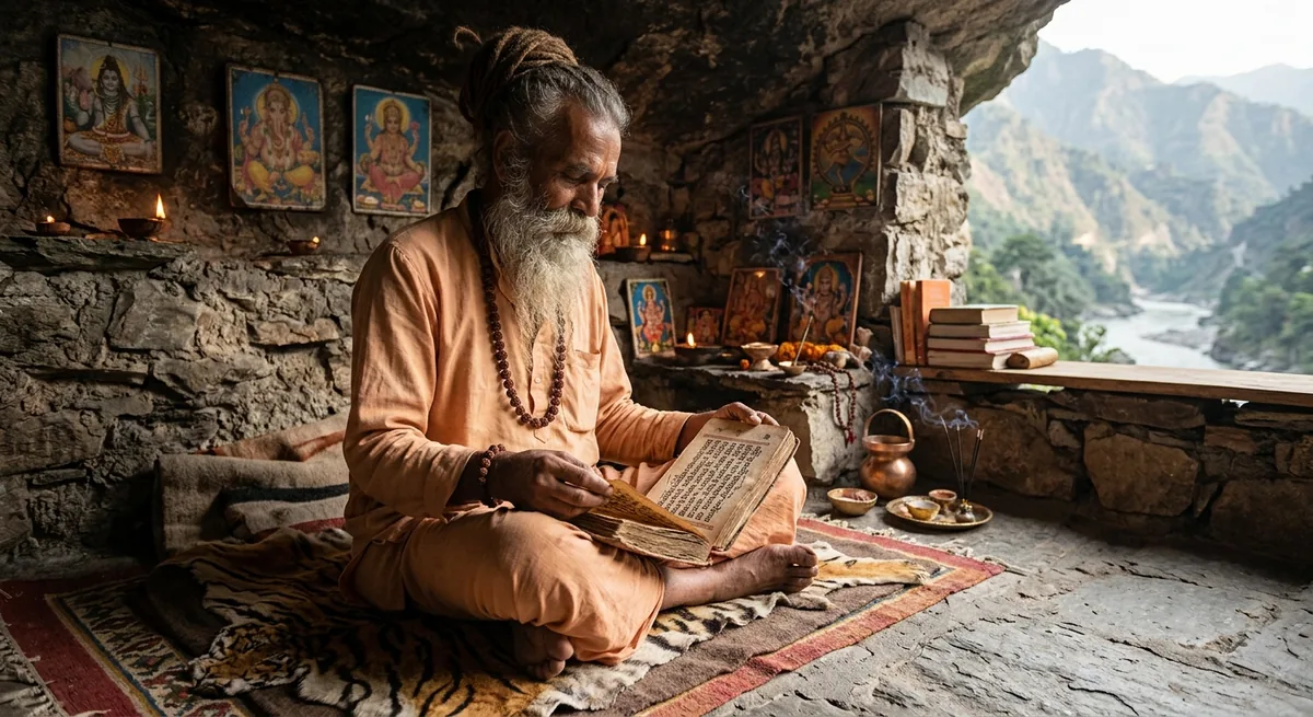 Sadhu leyendo un texto sagrado en una cueva de los Himalayas